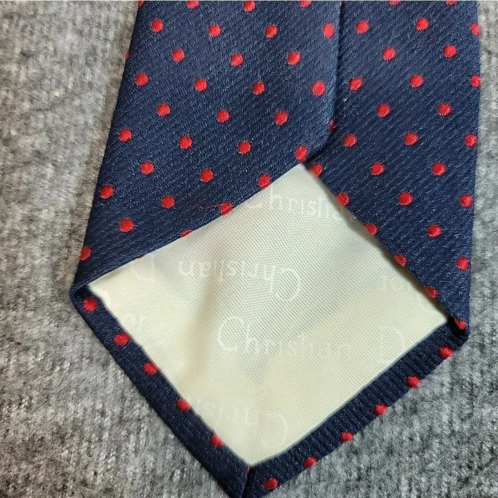 Vtg 70's Christian Dior Neck Tie Navy Blue Red Dotted Silk Blend Tie 54" x 4" - Picture 7 of 8